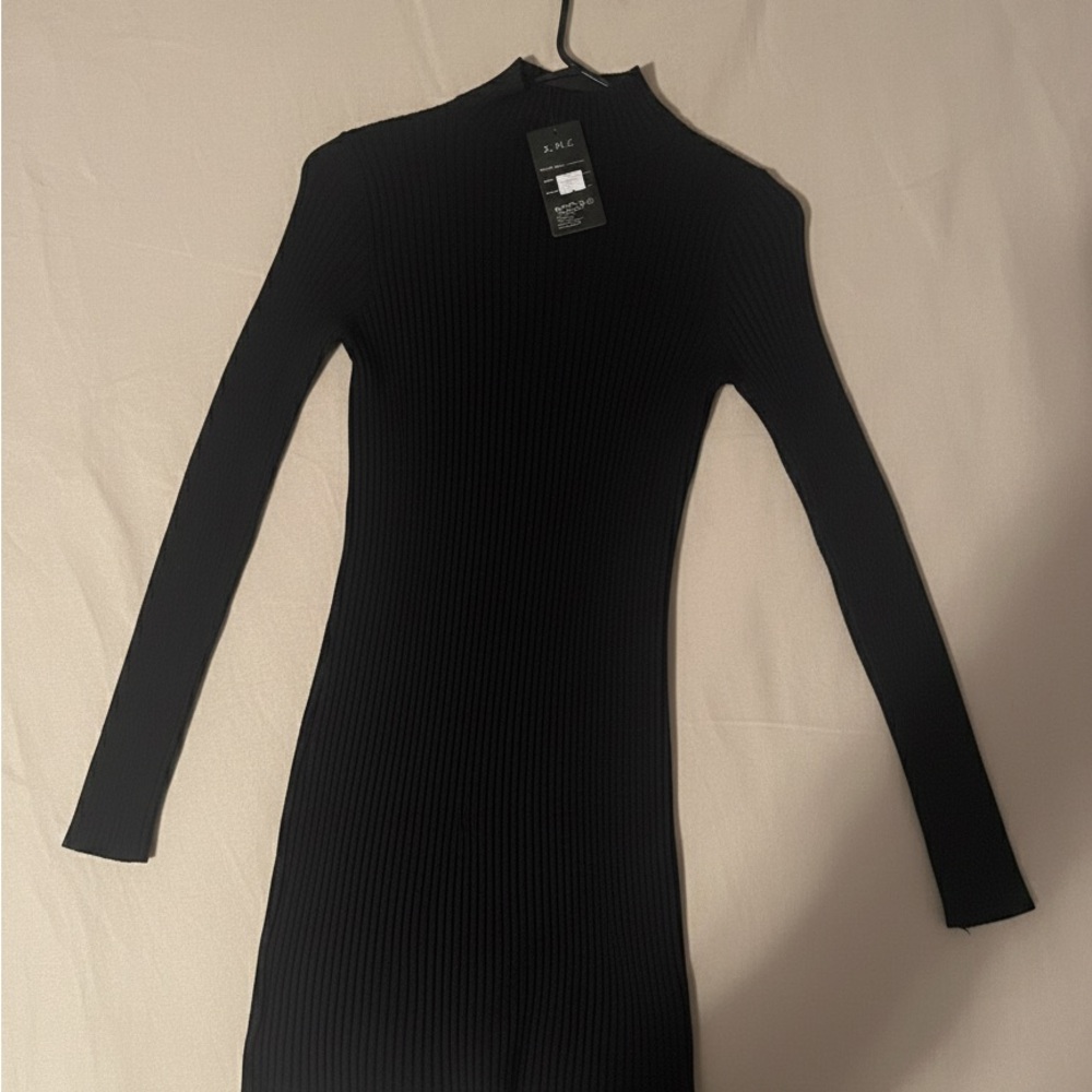 🔥Sale🔥 Chic Black Long Sleeve Ribbed Knee Dress